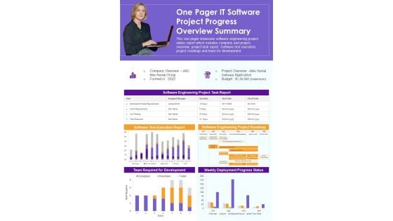 One Pager IT Software Project Progress Overview Summary PDF Document PPT Template