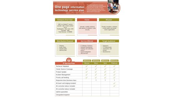 One Pager Information Technology Service And Solution Plans PDF Document PPT Template