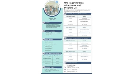 One Pager Institute Admissions And Program List PDF Document PPT Template