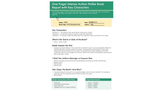 One Pager Intense Action Thriller Book Report With Key Characters PDF Document PPT Template