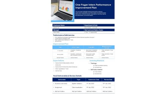 One Pager Intern Performance Improvement Plan PDF Document PPT Template