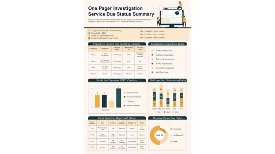 One Pager Investigation Service Due Status Summary PDF Document PPT Template