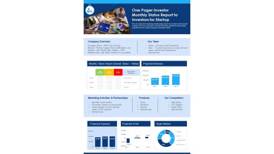 One Pager Investor Monthly Status Report To Investors For Startup PDF Document PPT Template