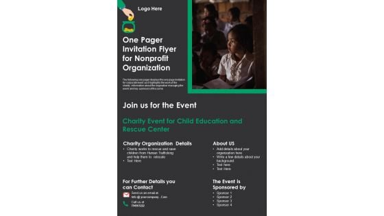 One Pager Invitation Flyer For Nonprofit Organization PDF Document PPT Template