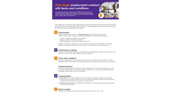 One Pager Job Agreements With Provisions PDF Document PPT Template