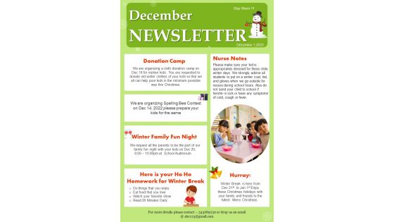 One Pager Kindergarten Winter Holidays Newsletter PDF Document PPT Template