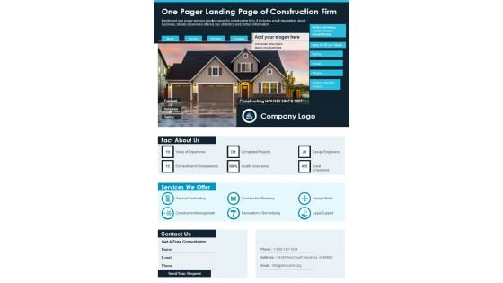 One Pager Landing Page Of Construction Firm PDF Document PPT Template