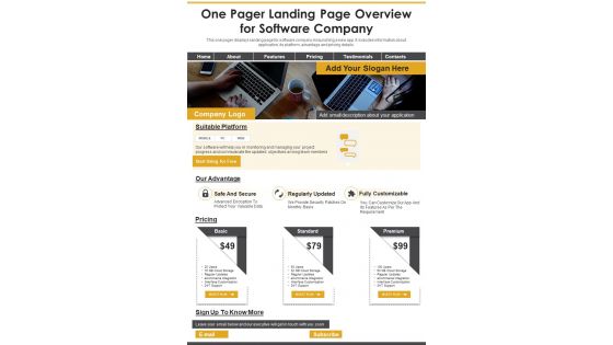 One Pager Landing Page Overview For Software Company PDF Document PPT Template