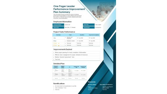 One Pager Leader Performance Improvement Plan Summary PDF Document PPT Template