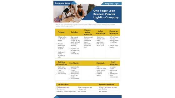 One Pager Lean Business Plan For Logistics Company PDF Document PPT Template