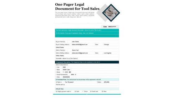 One Pager Legal Document For Tool Sales PDF Document PPT Template