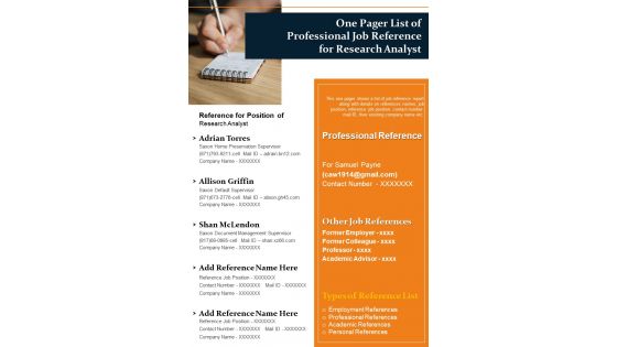 One Pager List Of Professional Job Reference For Research Analyst PDF Document PPT Template