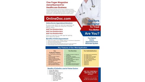 One Pager Magazine Advertisement For Healthcare Business PDF Document PPT Template