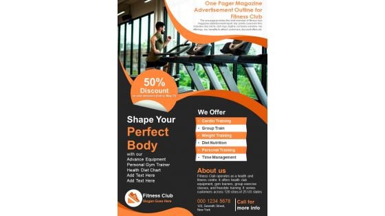 One Pager Magazine Advertisement Outline For Fitness Club PDF Document PPT Template