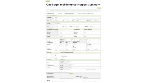 One Pager Maintenance Progress Summary PDF Document PPT Template