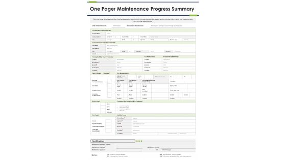 One Pager Maintenance Progress Summary PDF Document PPT Template One Pager Maintenance Progress Summary PDF Document PPT Template
