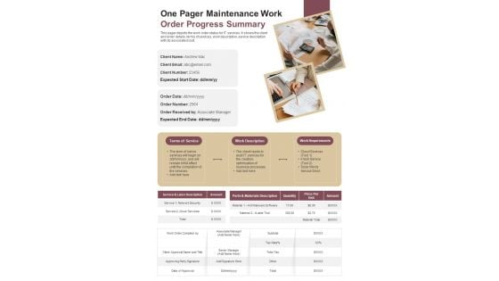 One Pager Maintenance Work Order Progress Summary PDF Document PPT Template