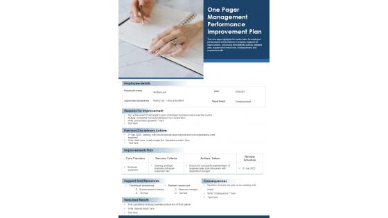 One Pager Management Performance Improvement Plan PDF Document PPT Template