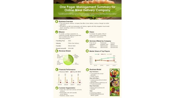 One Pager Management Summary For Online Meal Delivery Company PDF Document PPT Template