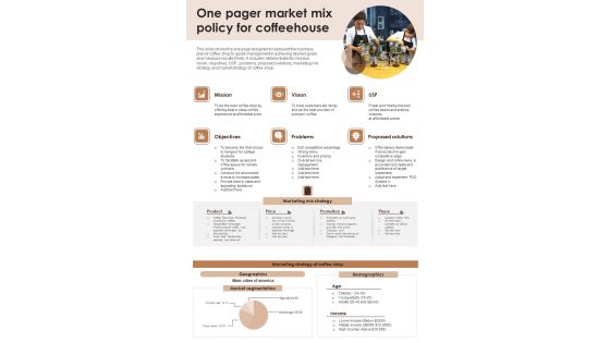 One Pager Market Mix Policy For Coffeehouse PDF Document PPT Template
