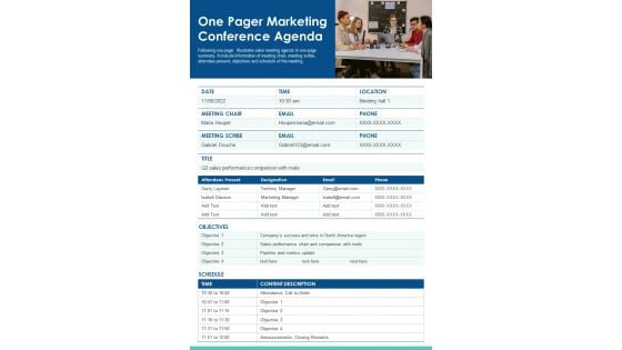 One Pager Marketing Conference Agenda PDF Document PPT Template