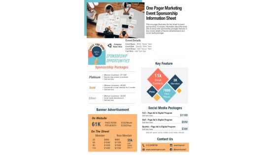 One Pager Marketing Event Sponsorship Information Sheet PDF Document PPT Template