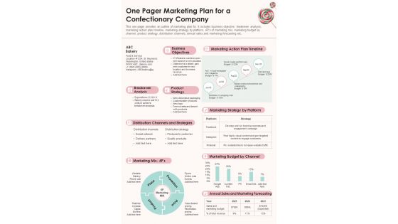 One Pager Marketing Plan For A Confectionary Company PDF Document PPT Template