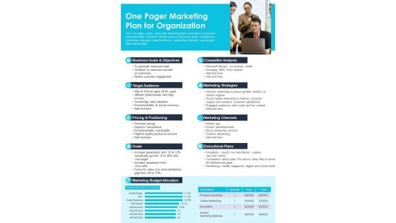 One Pager Marketing Plan For Organization PDF Document PPT Template