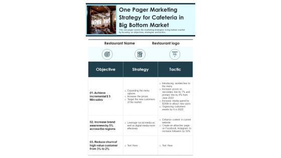 One Pager Marketing Strategy For Cafeteria In Big Bottom Market PDF Document PPT Template