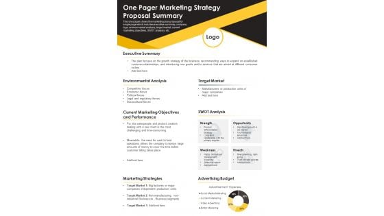One Pager Marketing Strategy Proposal Summary PDF Document PPT Template One Pager Marketing Strategy Proposal Summary PDF Document PPT Template