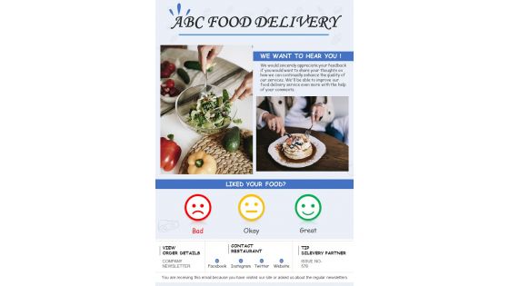 One Pager Meal Delivery Business Newsletter For Client Satisfactory Experience PDF Document PPT Template