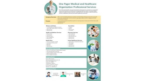 One Pager Medical And Healthcare Organization Professional Services PDF Document PPT Template One Pager Medical And Healthcare Organization Professional Services PDF Document PPT Template