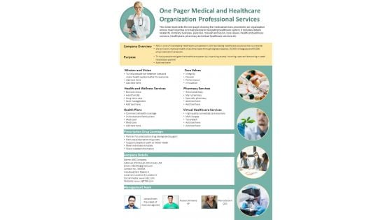 One Pager Medical And Healthcare Organization Professional Services PDF Document PPT Template