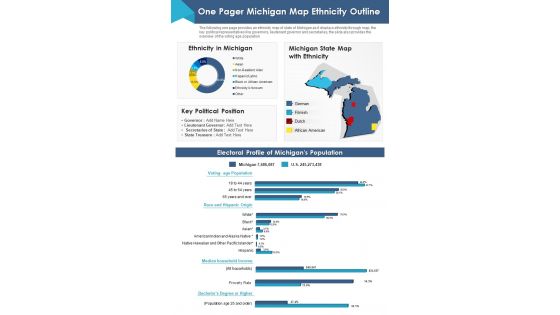 One Pager Michigan Map Ethnicity Outline PDF Document PPT Template