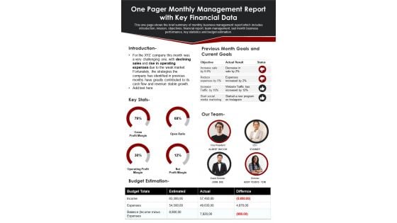 One Pager Monthly Management Report With Key Financial Data PDF Document PPT Template