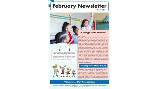 One Pager Monthly Newsletter For Children Daycare Center PDF Document PPT Template