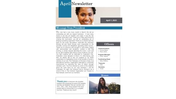 One Pager Monthly Newsletter For Ladies Club PDF Document PPT Template