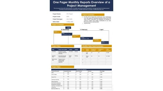 One Pager Monthly Reports Overview Of A Project Management PDF Document PPT Template