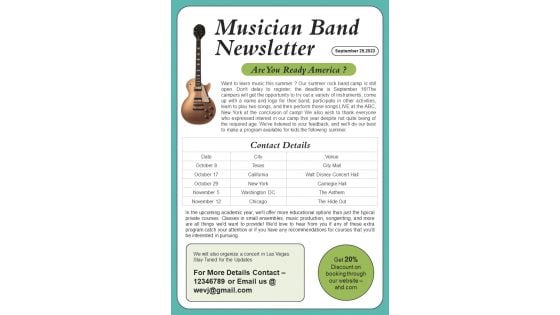 One Pager Music Festival Newsletter PDF Document PPT Template