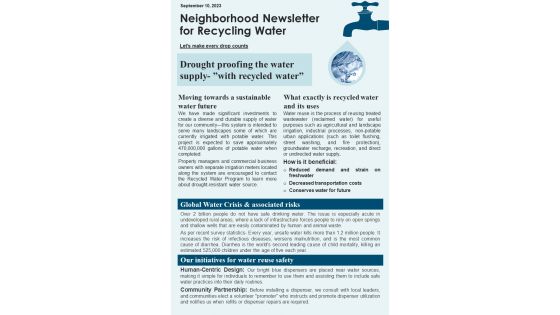 One Pager Neighborhood Newsletter For Recycling Water PDF Document PPT Template