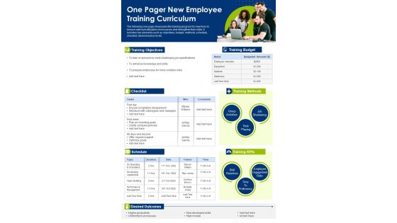 One Pager New Employee Training Curriculum PDF Document PPT Template
