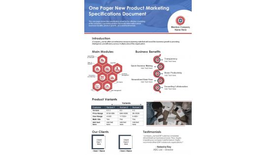 One Pager New Product Marketing Specifications Document PDF Document PPT Template