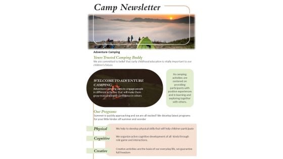 One Pager Newsletter For Adventure Camp PDF Document PPT Template