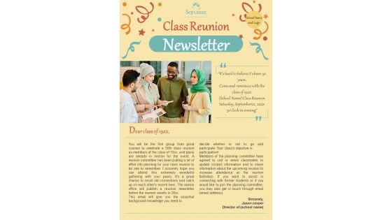 One Pager Newsletter For Alumni Gathering PDF Document PPT Template