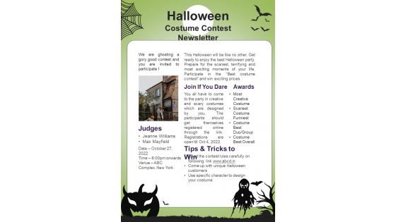 One Pager Newsletter For Best Halloween Attire Competition PDF Document PPT Template