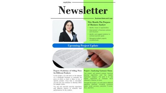 One Pager Newsletter For Business Consultant PDF Document PPT Template