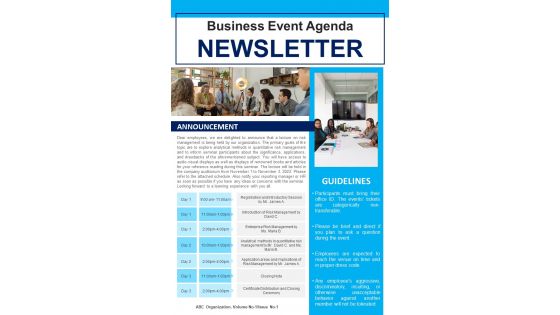 One Pager Newsletter For Business Event Agenda PDF Document PPT Template