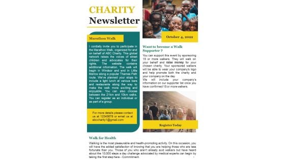 One Pager Newsletter For Charity Marathon PDF Document PPT Template