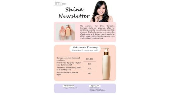 One Pager Newsletter For Hair Styling Business Products PDF Document PPT Template
