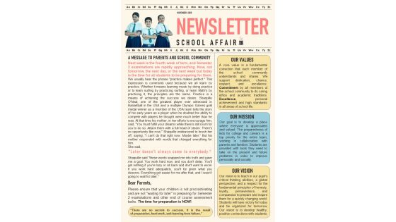 One Pager Newsletter For Junior High School PDF Document PPT Template